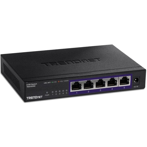 TRENDnet 5-Port Unmanaged 2.5G Switch, 5 x 2.5GBASE-T Ports, 25Gbps Switching Capacity, Backwards Compatible with 10-100-1000Mbps Devices, Fanless, Wall Mountable, Black, TEG-S350
