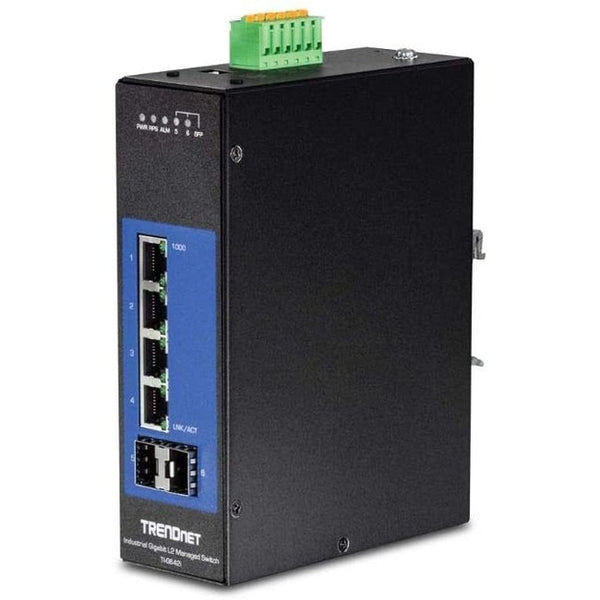 TRENDnet 6-Port Industrial Gigabit L2 Managed DIN-Rail Switch; 4 x Gigabit Ports; 2 x SFP Slots; DIN-Rail Mount; IP30; VLAN; QoS; LACP; STP-RSTP; Bandwidth management; Lifetime Protection; TI-G642i