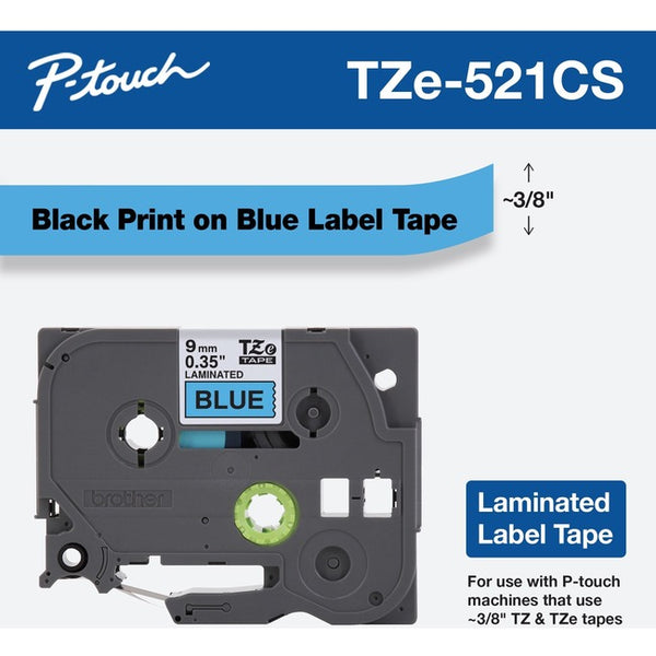 Brother TZe-521CS, 0.35" x 26.2', Black on Blue Laminated Label Tape