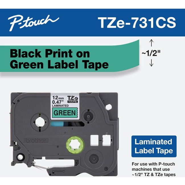 Brother TZe-731CS, 0.47" x 26.2', Black on Green Laminated Label Tape