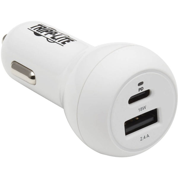Tripp Lite USB Car Charger Dual-Port USB C 18W, USB-A 12W w- Lightning Cable