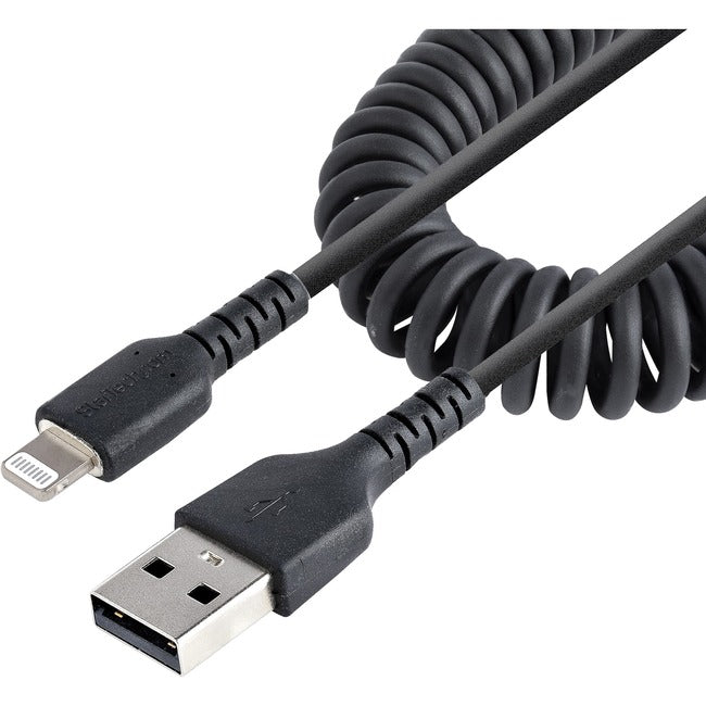 StarTech.com 50cm-20in USB to Lightning Cable, MFi Certified, Coiled iPhone Charger Cable, Black, Durable TPE Jacket Aramid Fiber