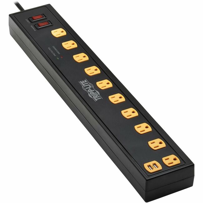 Tripp Lite Protect It! 10-Outlet Surge Protector with Swivel Light Bars - 5-15R Outlets, 2 USB Ports, 6 ft. (1.8 m) Cord, 1350 Joules, Black